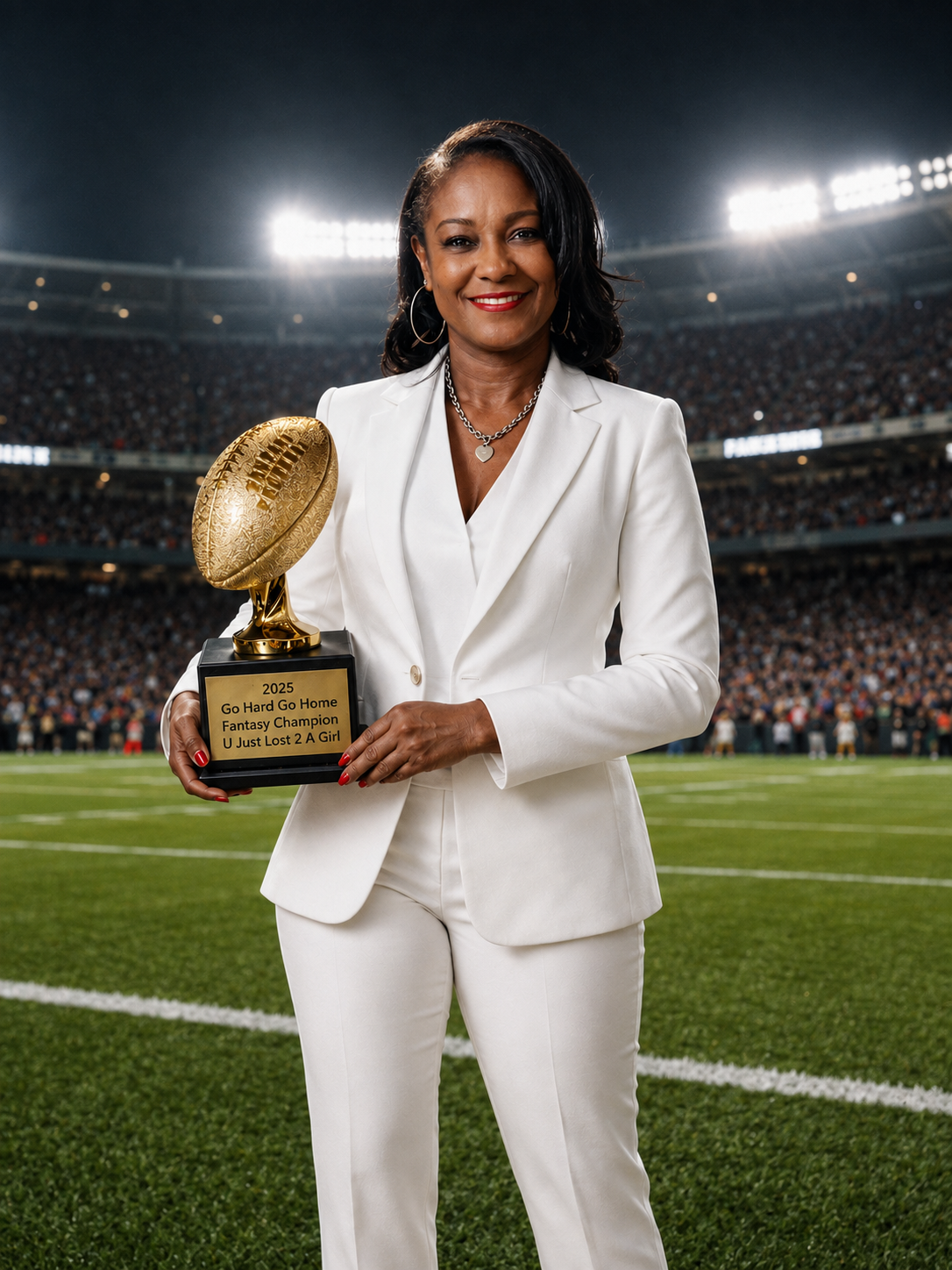Founder of Heels & Huddles holding her fantasy championship trophy