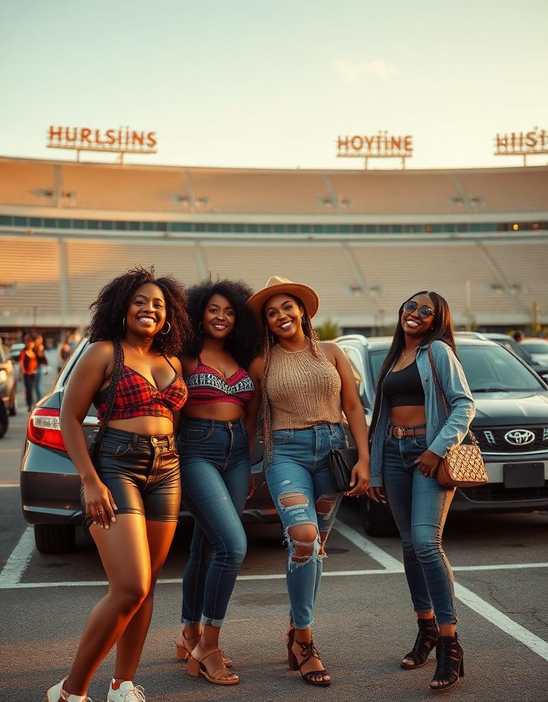 Black women tailgating together outside a stadium