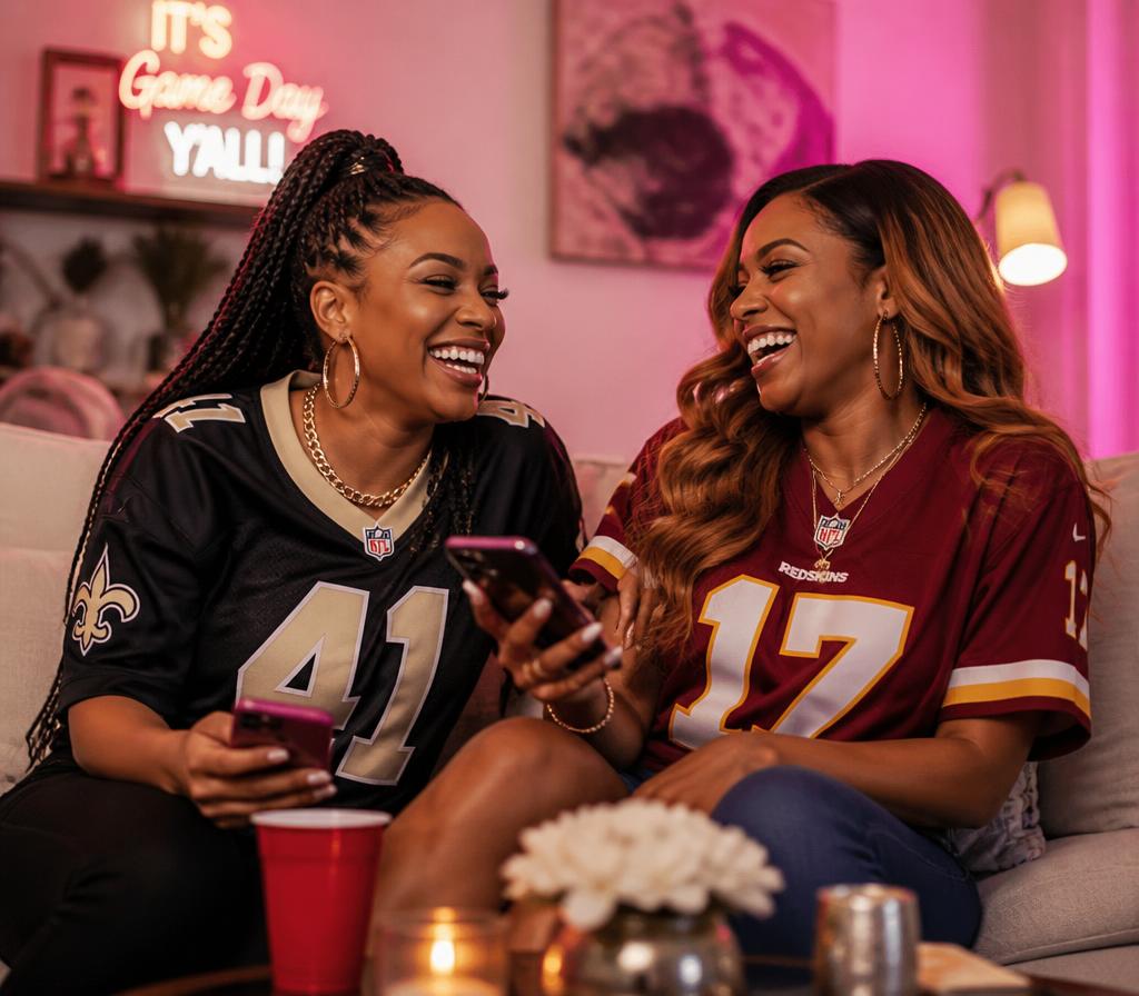 Two women in team jerseys laughing at a game-day watch party