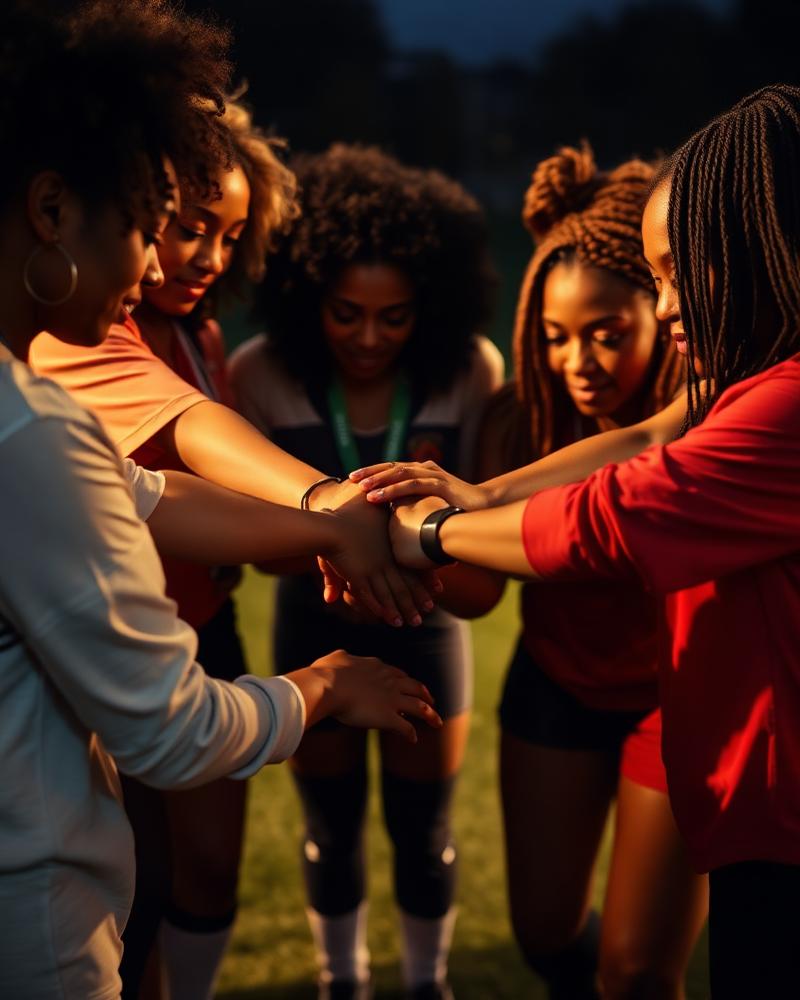 Group of women joining hands in a huddle