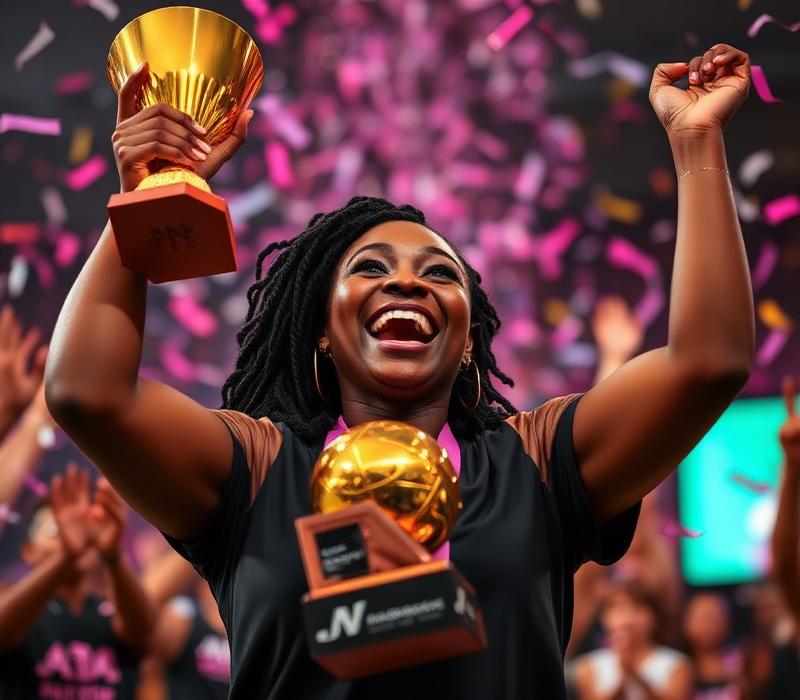 Woman celebrating with a championship trophy