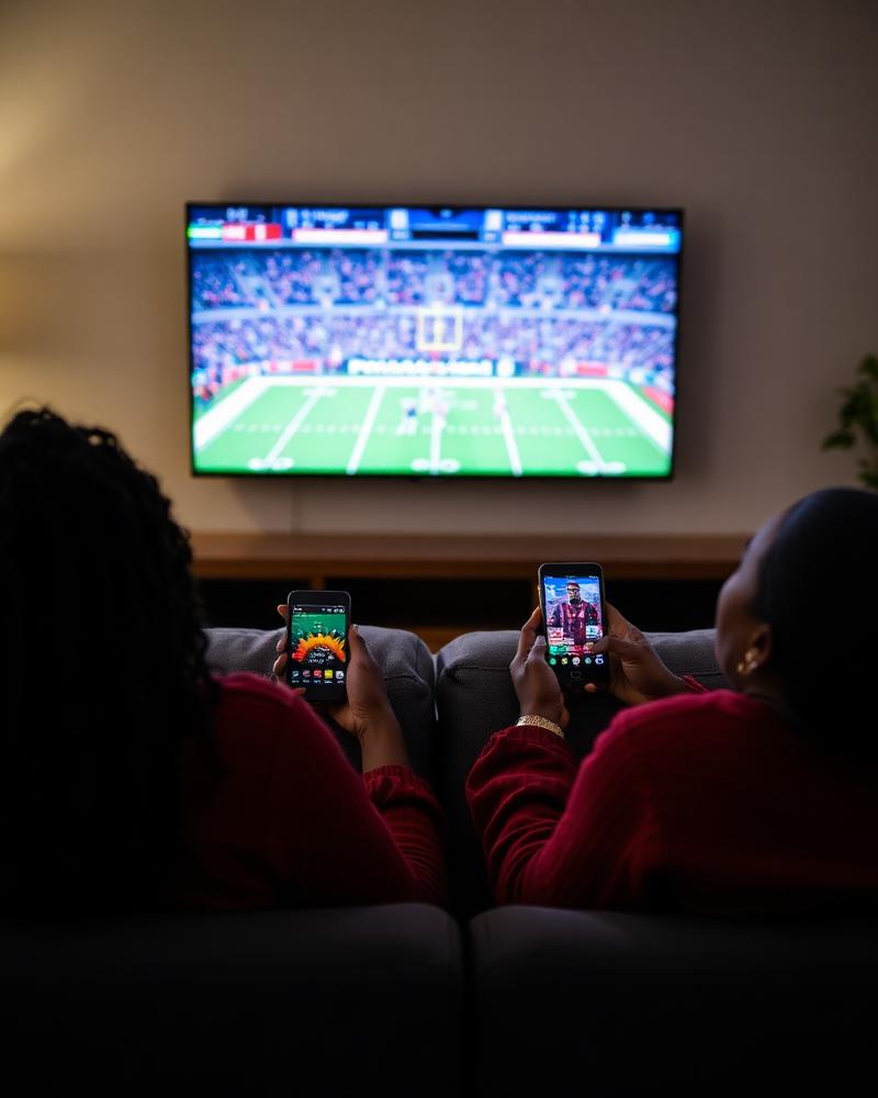 Two friends watching football and checking fantasy scores