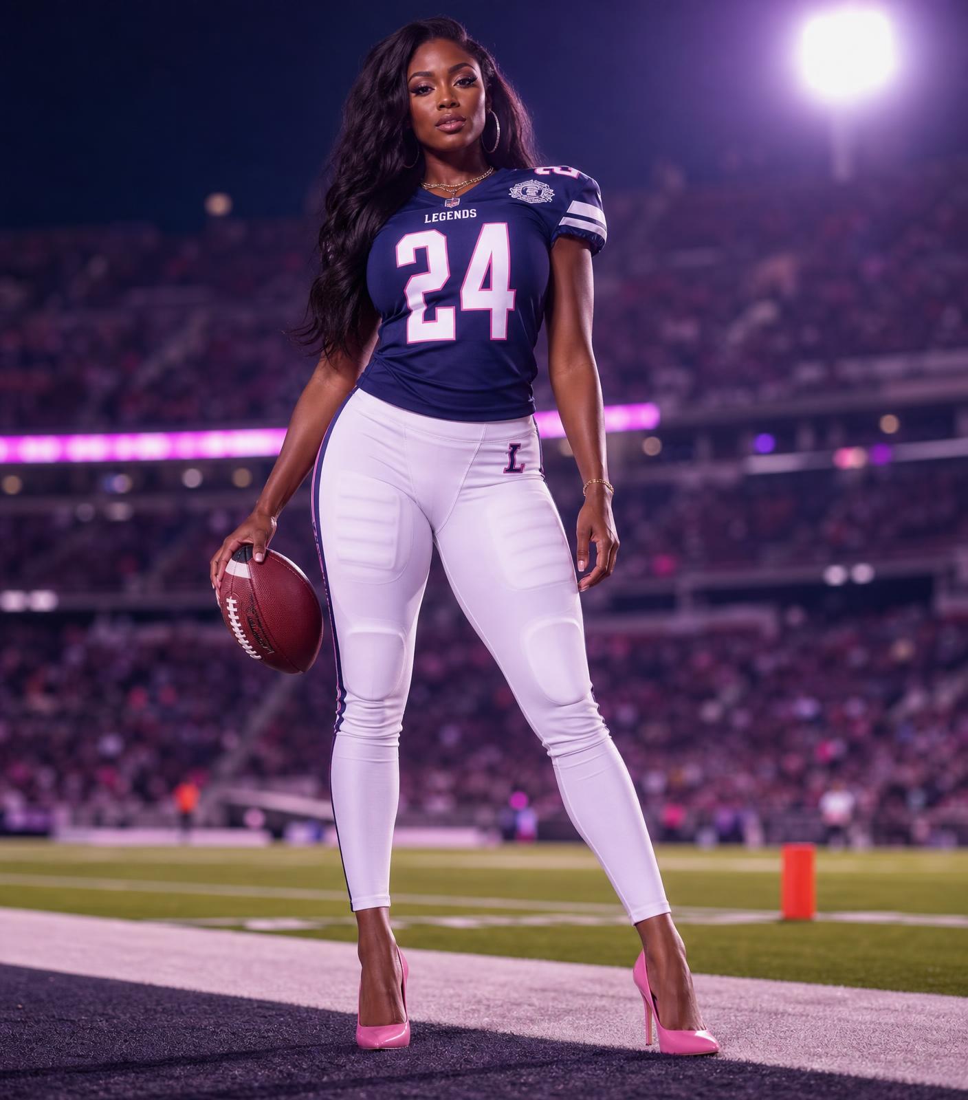 Confident woman in game-day style holding a football